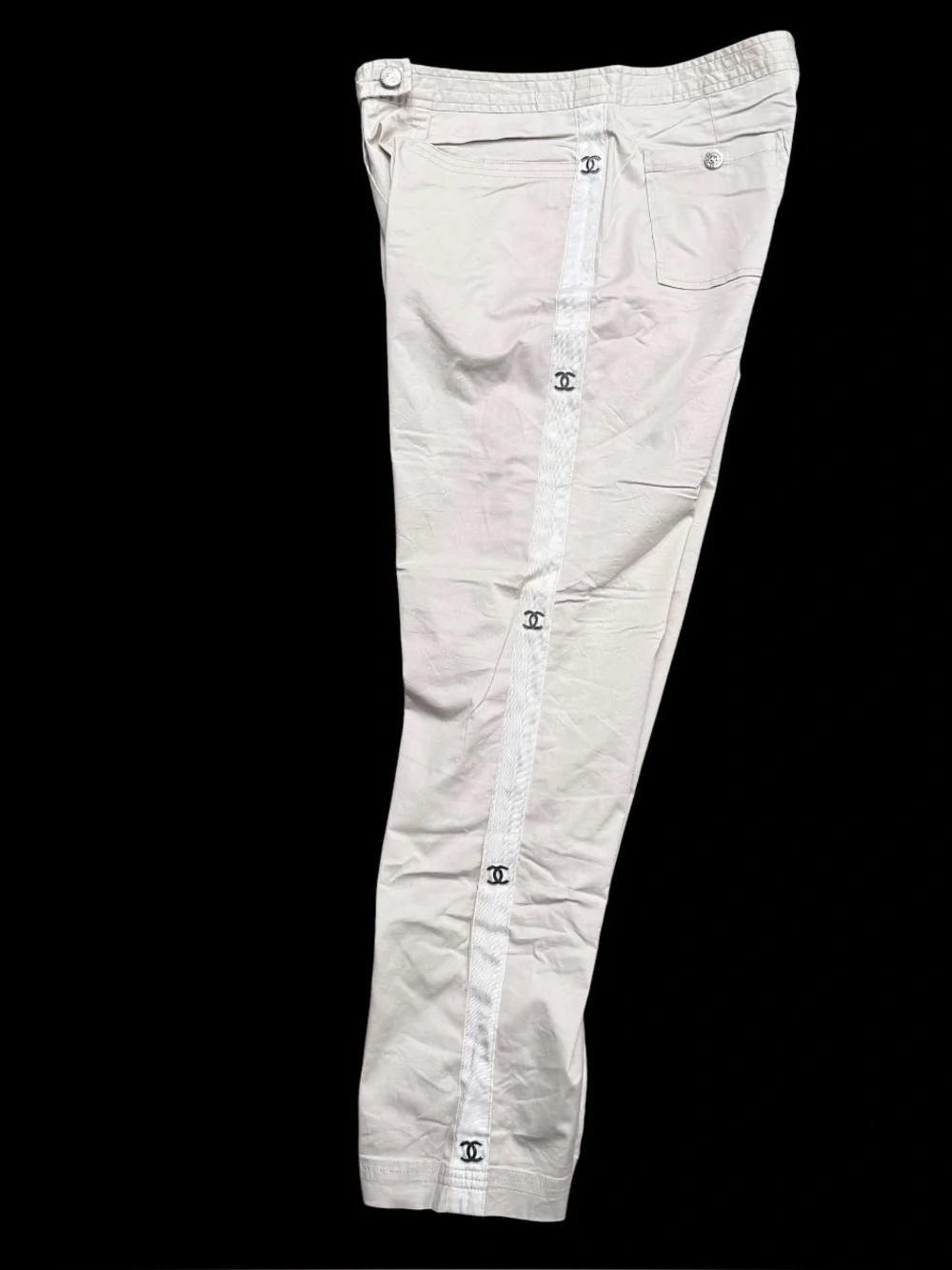 CHANEL VINTAGE KHAKI ANKLE TRACK TROUSERS-SIZE 40-MINT CONDITION
